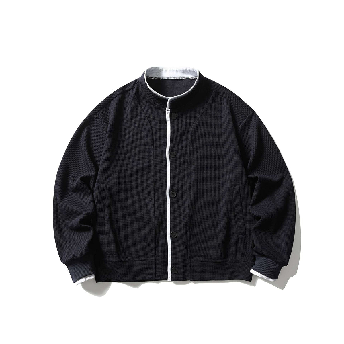 Unisex Short Cut Boxy Blouson Jacket with Waffle Structure, Stand-Up Collar and Contrast Piping EVA-US