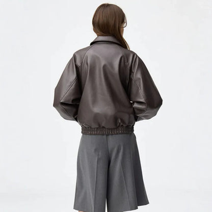 Women Boxy Cropped Faux Leather Jacket with Concealed Zipper and Elastic Hem EVA-US