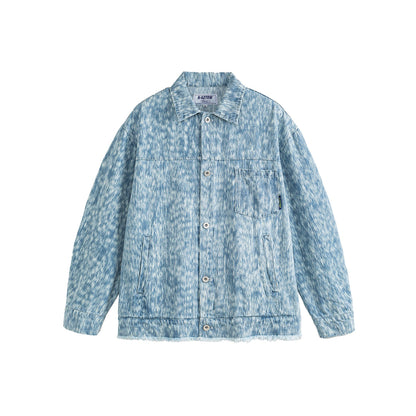 Unisex Oversized Denim Jacket with Frayed Hem and Texture Pattern EVA-US