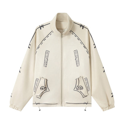 Unisex Oversize Fleece Jacket with Stand-Up Collar and Graphic Sketch Print EVA-US
