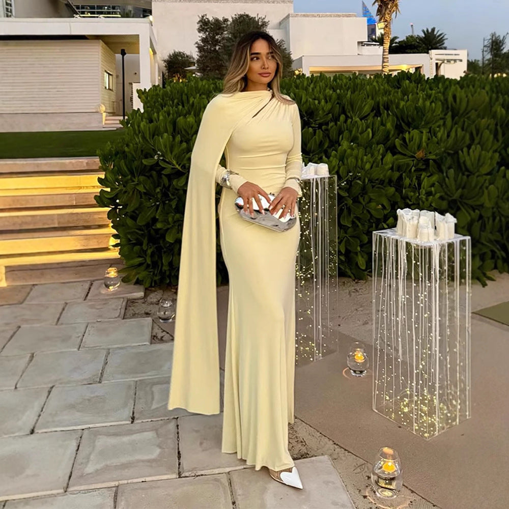 Women's Tailored Maxi Dress with Asymmetric Cape and High Collar EVA-US