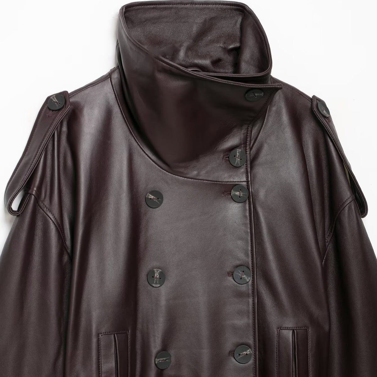 Women Short Leather Trench Coat Jacket with High Standing Collar, Double-Breasted Button Placket and Waist Belt EVA-US