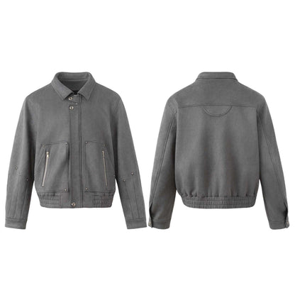 Men's short velour jacket with utility pockets, zippers, and high stand-up collar EVA-US