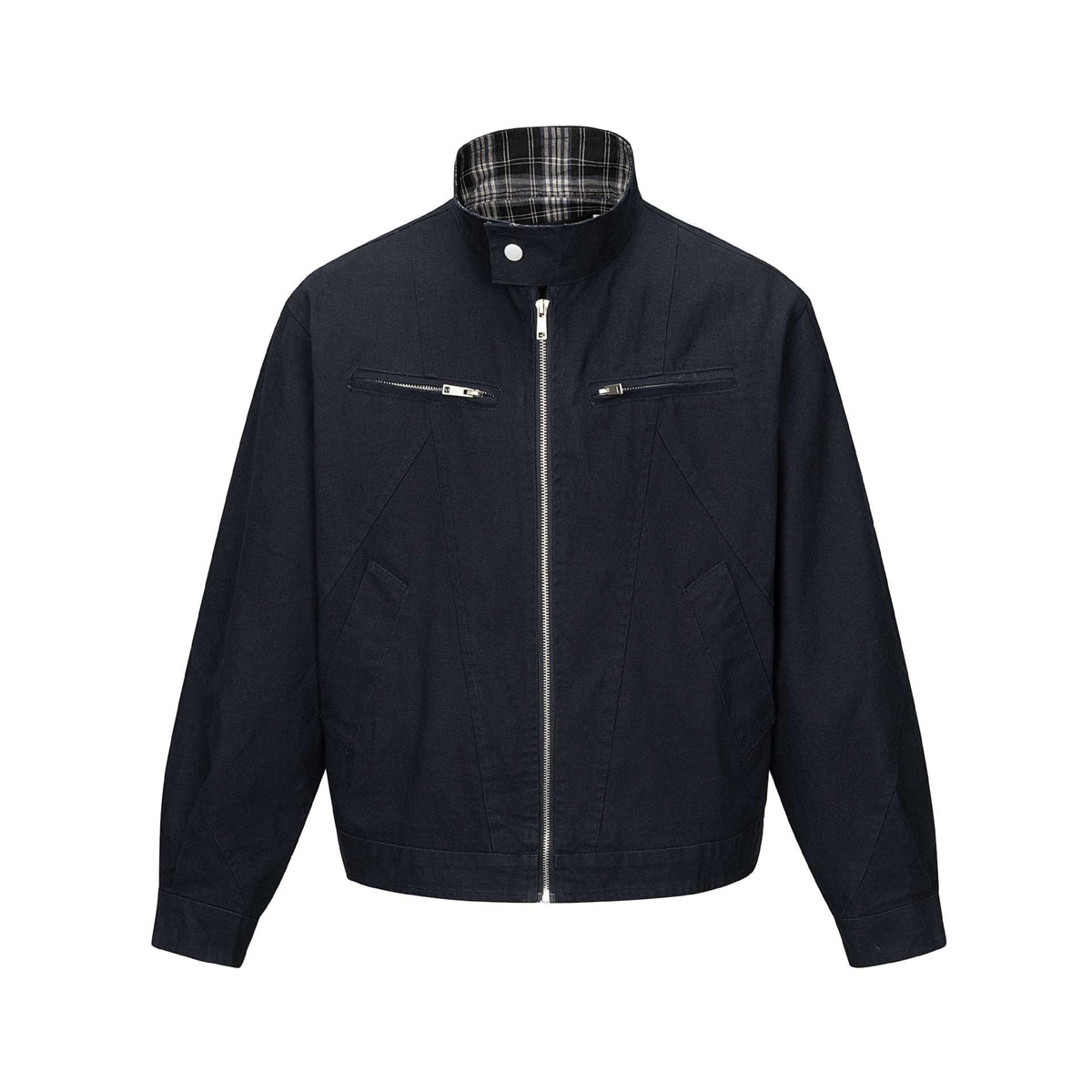 Men's short-cut boxy blouson with stand collar, zipper and chest zippers EVA-US