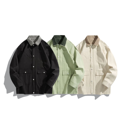 Unisex Short-Cut Boxy Canvas Jacket with Cord Collar, Snap Button Front and Utility Patch Pockets EVA-US