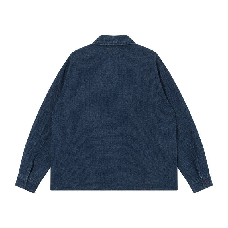 Men's short-cut denim chore jacket in boxy blouson style with Chinese toggle button placket EVA-US