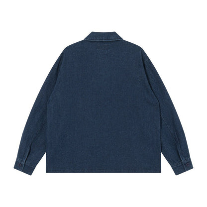 Men's short-cut denim chore jacket in boxy blouson style with Chinese toggle button placket EVA-US