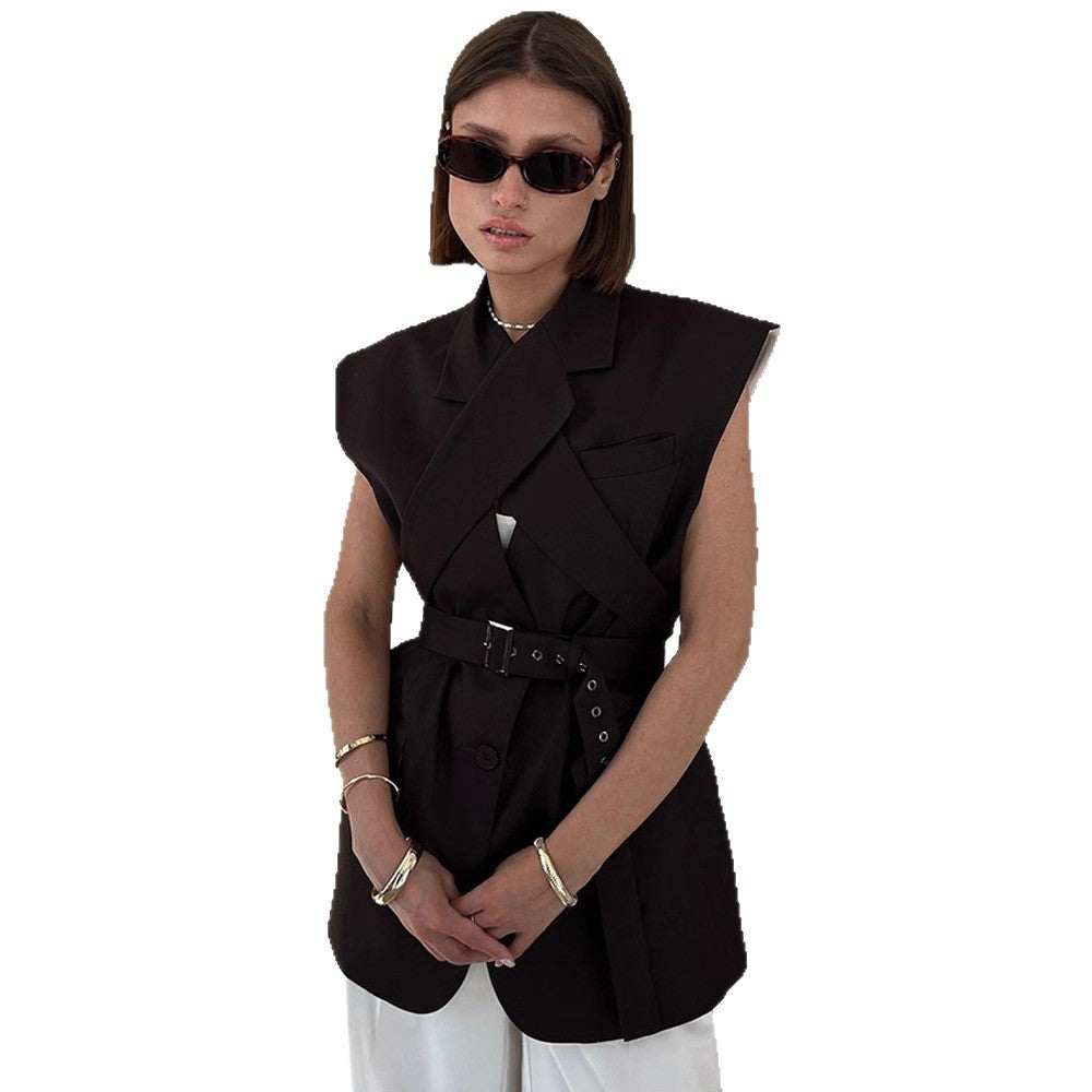 Women Sleeveless Long Blazer Vest with Structured Shoulders and Long Ties EVA-US