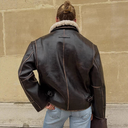 Women Short Cut Leather Imitation Bomber Jacket with Voluminous Teddy Shawl Collar and Distinctive Decorative Seams EVA-US