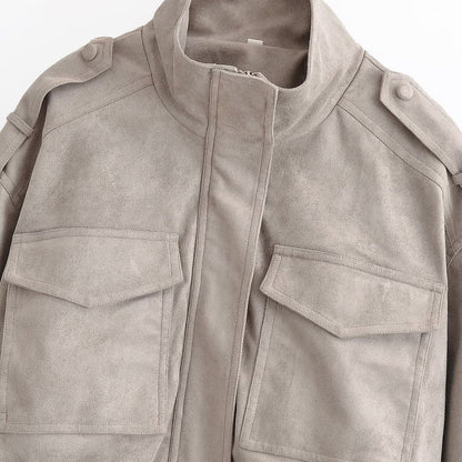 Ladies short blouson in field style made of suede-like material with stand-up collar, shoulder straps and wide ribbed waistband EVA-US