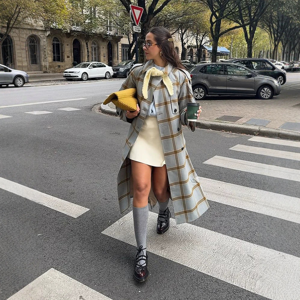 Women's long checkered coat in trench coat style with double button placket EVA-US