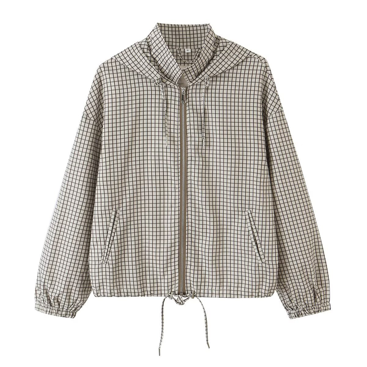 Women Lightweight Hooded Boxy Transitional Jacket with Check Grid Print, Drawstring and Elastic Cuffs EVA-US
