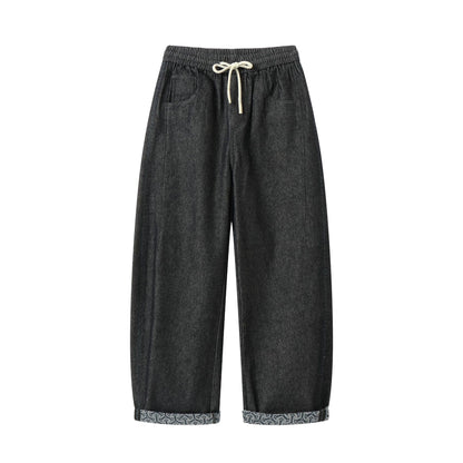 Women's culotte jeans with elastic drawstring waistband and patterned cuff