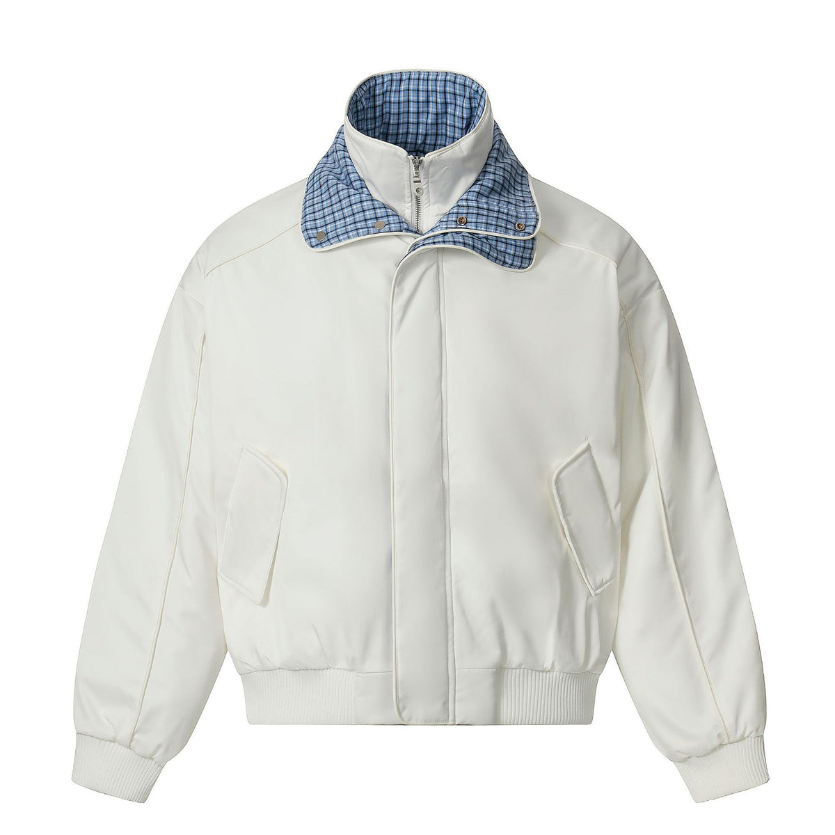 Unisex short jacket with high double collar and checked inner lining EVA-US