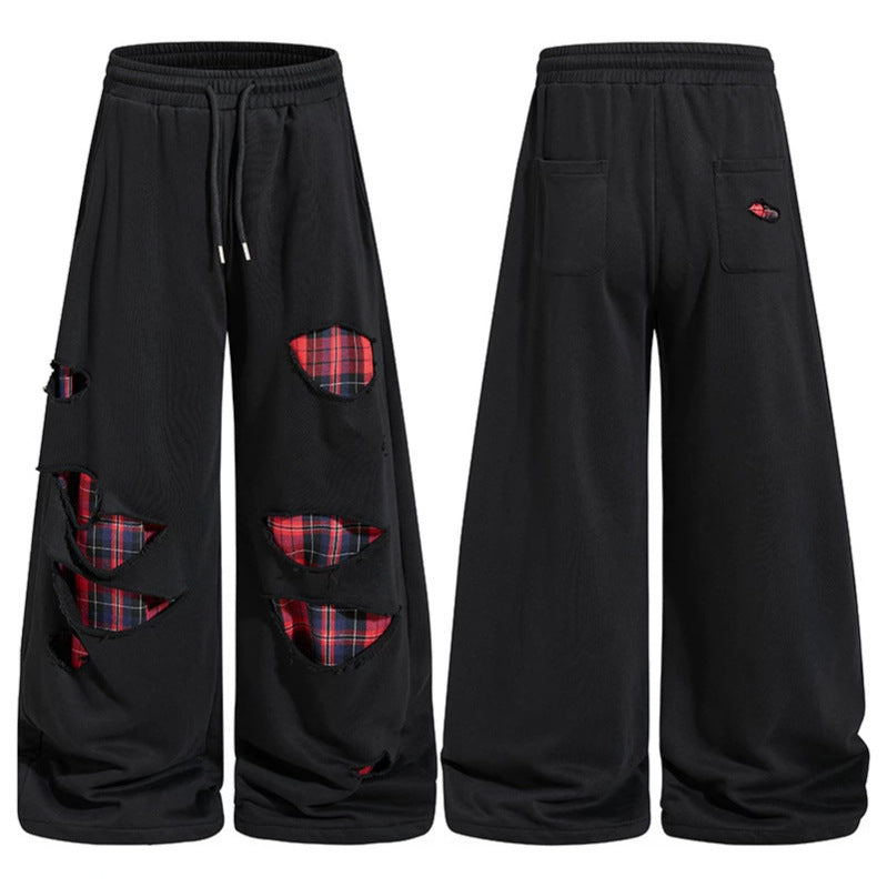 Women's wide Destroyed Jogging Pants in Grunge style with checked lining patches EVA-US