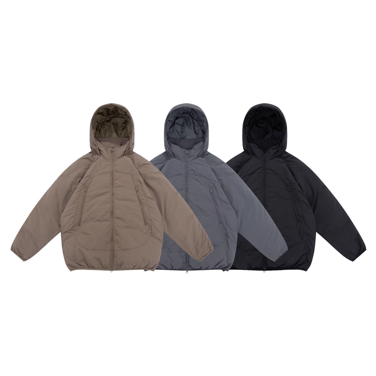 Unisex Voluminous Hooded Insulation Jacket in Boxy Cut with Concealed Zipper Pockets EVA-US