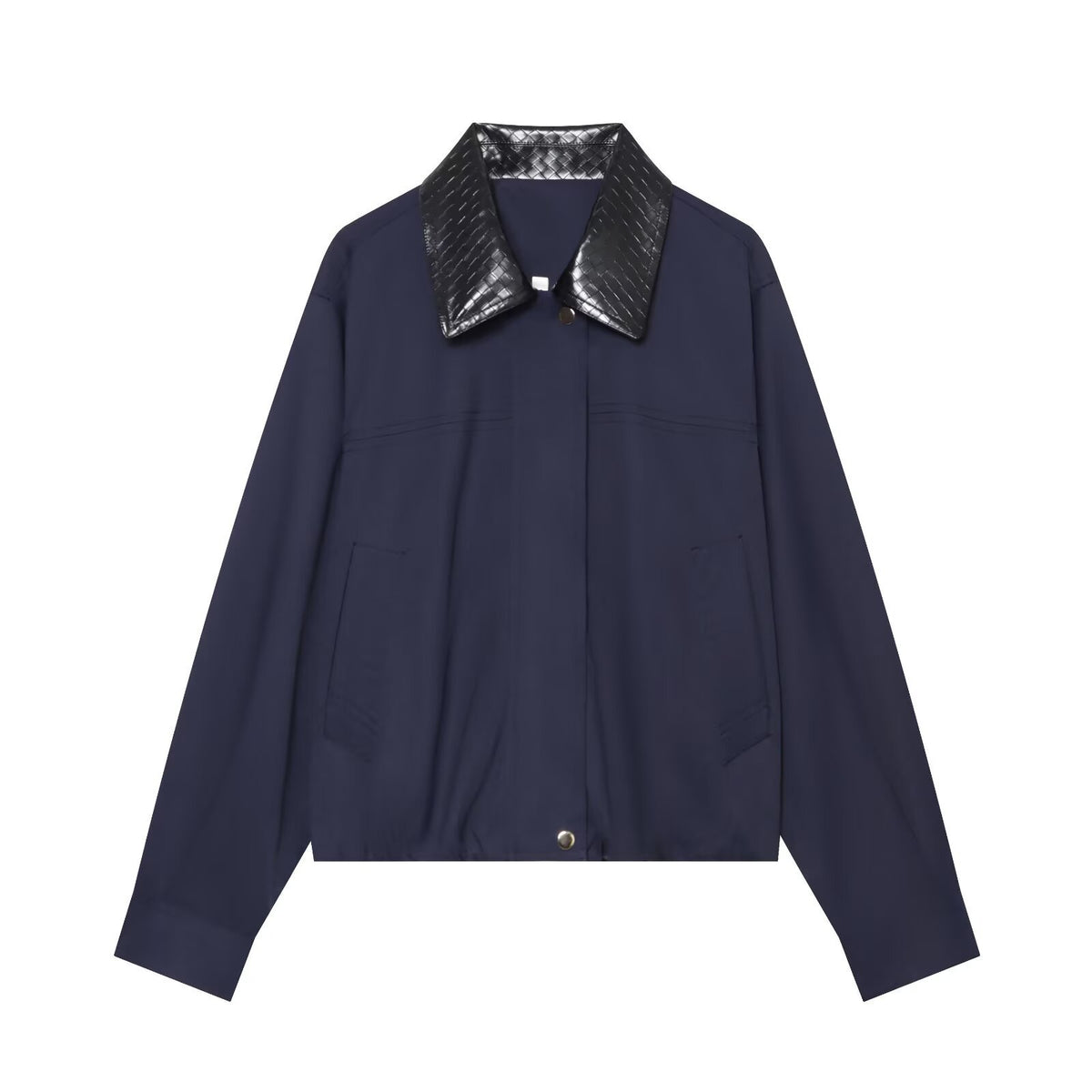 Women's short bomber-style jacket with contrasting embossed faux leather collar EVA-US