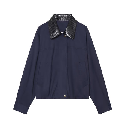 Women's short bomber-style jacket with contrasting embossed faux leather collar EVA-US