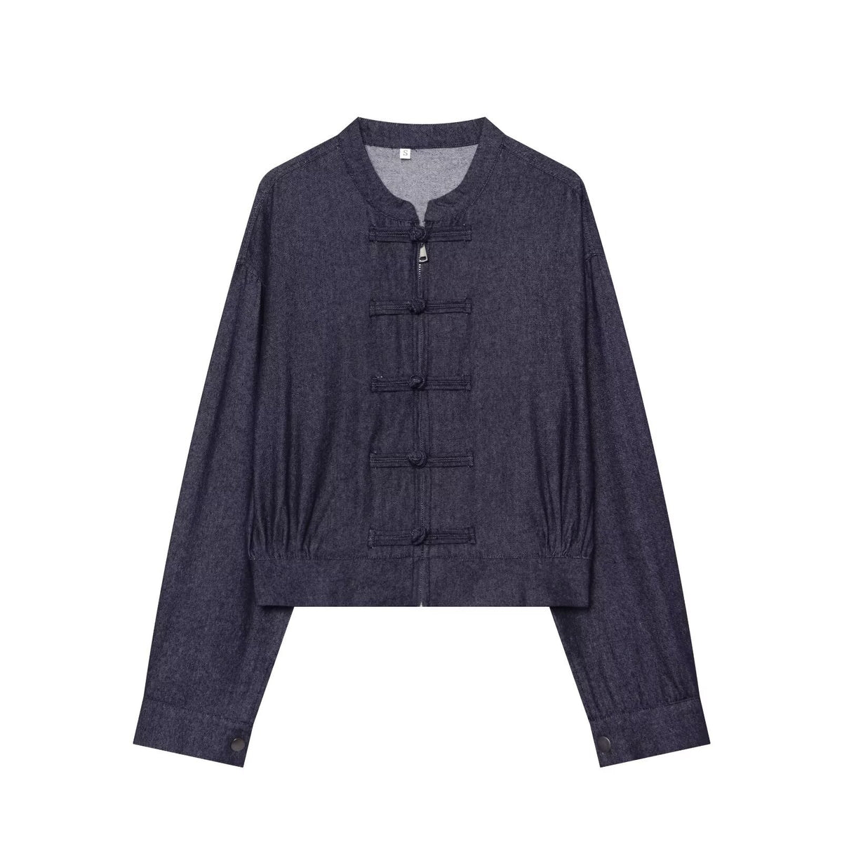 Women's Cropped Jeans Jacket in China Style with Mandarin Collars and Knot Closures EVA-US