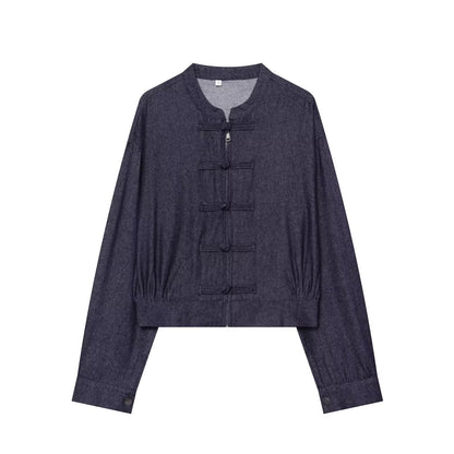 Women's Cropped Jeans Jacket in China Style with Mandarin Collars and Knot Closures EVA-US
