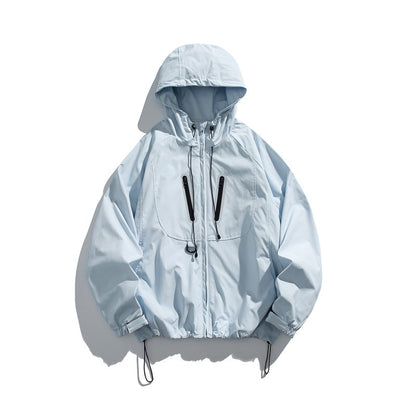 Unisex Technical Hooded Windbreaker in Boxy Cut with Vertical Chest Zippers and Drawstring Hem EVA-US