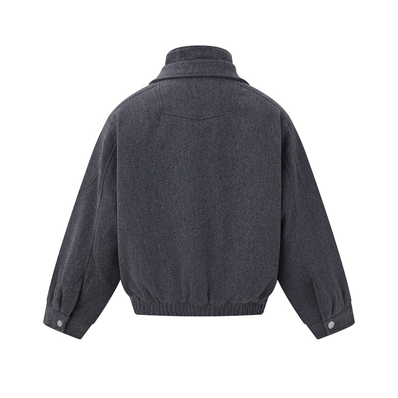 Men's Boxy Wool Blend Blouson Jacket with Asymmetric Double Fastening and High Stand-Up Collar EVA-US