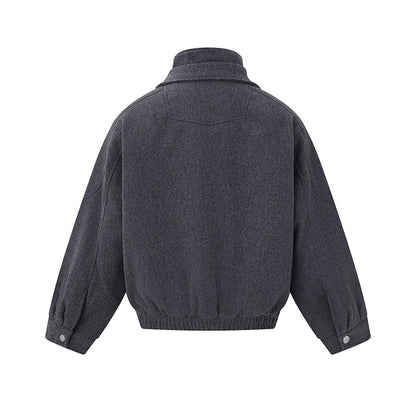 Men's Boxy Wool Blend Blouson Jacket with Asymmetric Double Fastening and High Stand-Up Collar EVA-US
