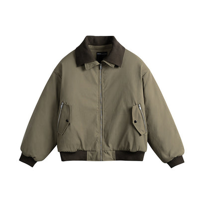 Men's Short Boxy Insulated Field Bomber Jacket with Contrasting Knit Collar and Diagonal Zip Pockets EVA-US