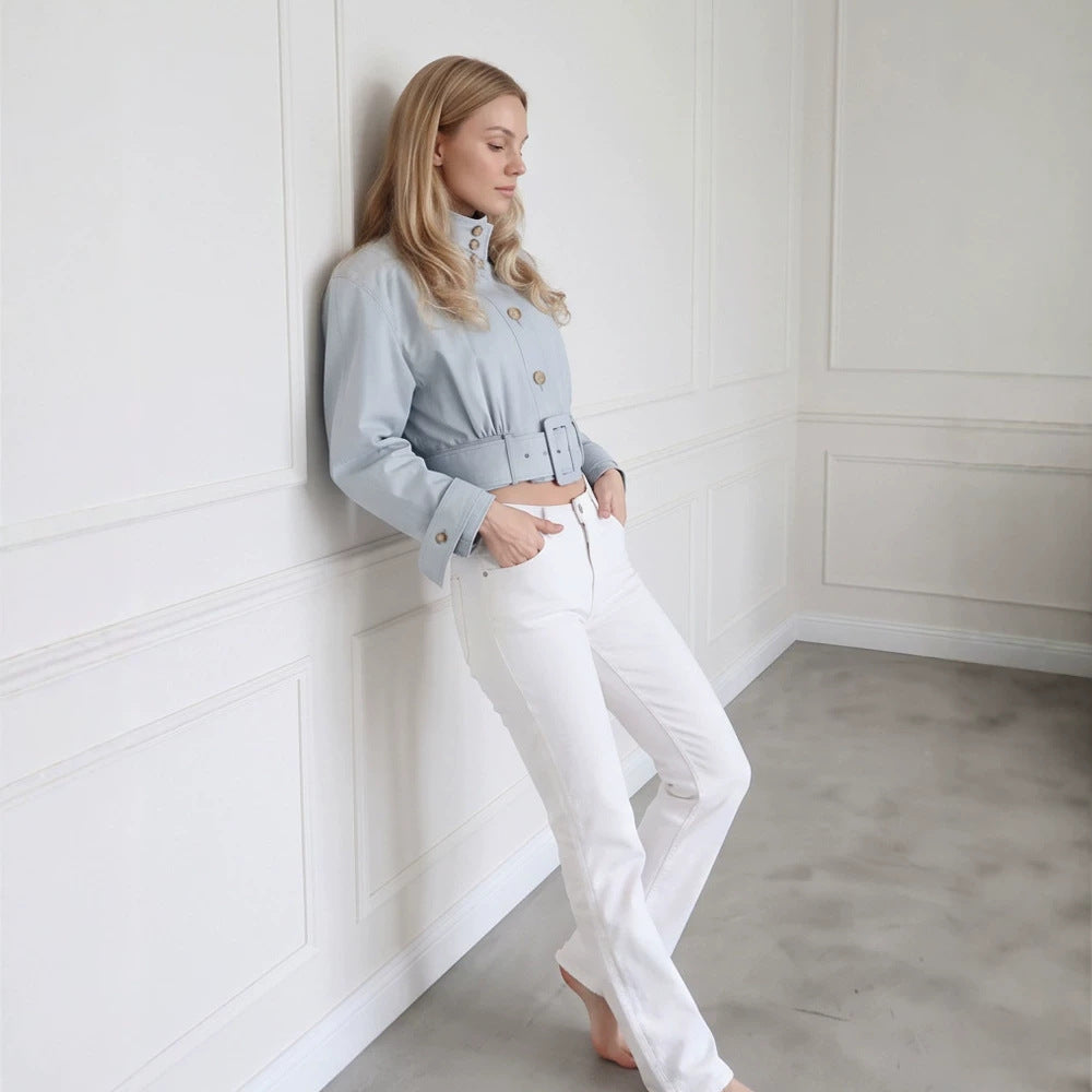 Women Tailored Cropped Jacket with Extra Long Tie & Wide Waist Belt EVA-US