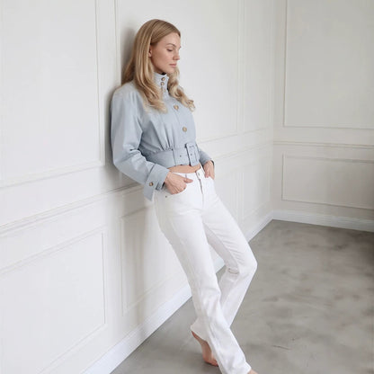 Women Tailored Cropped Jacket with Extra Long Tie & Wide Waist Belt EVA-US