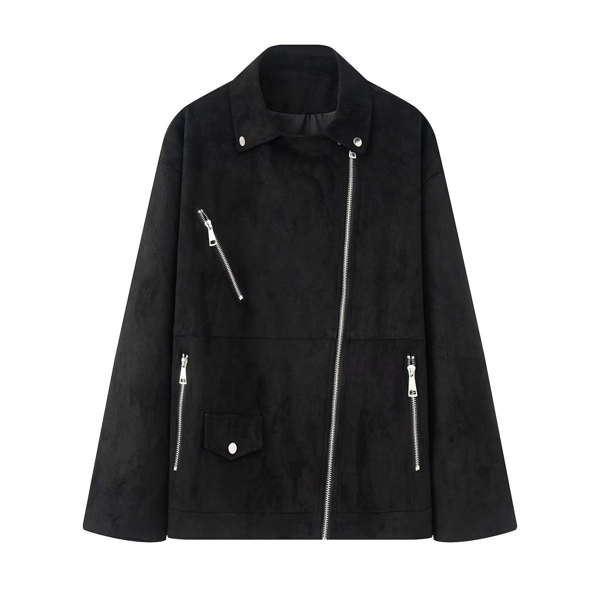 Women Asymmetrical Suede Leather Look Biker Jacket with Stand-Up Collar and Zippers EVA-US