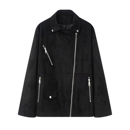 Women Asymmetrical Suede Leather Look Biker Jacket with Stand-Up Collar and Zippers EVA-US