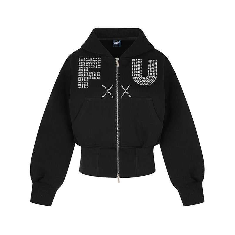 Ladies Short Hooded Sweat Jacket with Full Zip, Wide Ribbed Hem and Rhinestone Logo EVA-US