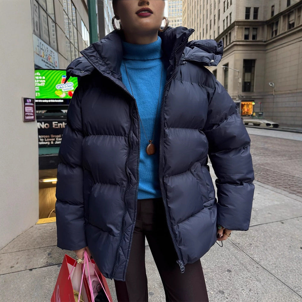 Women's Oversize Quilted Puffer Jacket with Removable Hood and Two-Way Zipper EVA-US