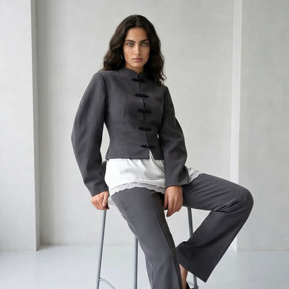 Women's Tailored Cropped Blazer with Mandarin Collar and Decorative Knot Closure EVA-US