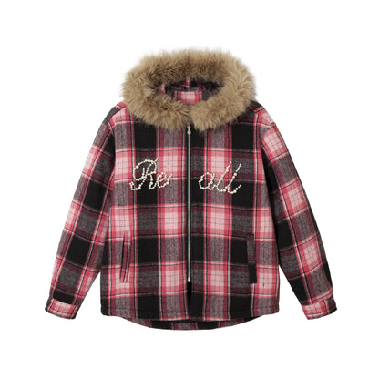 Women's checked wool blend blouson with detachable faux fur collar and pearl appliqué EVA-US