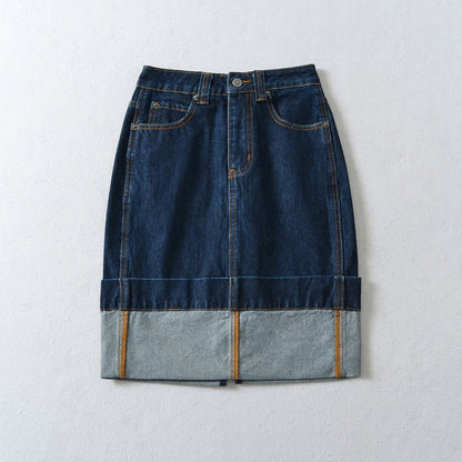 Women's High-Waisted Midi Skirt Made of Denim with Visible Seams and Turned-Up Hem EVA-US