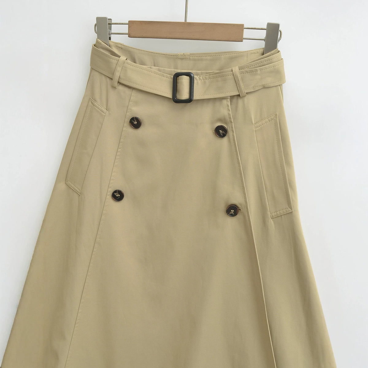 Women's A-Line Trench Skirt with Waist Belt and Decorative Button Placket EVA-US