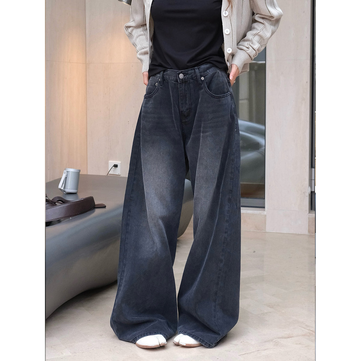 Women's Wide High-Waist Denim Palazzo Pants with Vintage Wash EVA-US