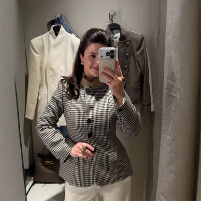 Women's Tailored Short Blazer in Vichy Check with Stand Collar and Curved Hem EVA-US