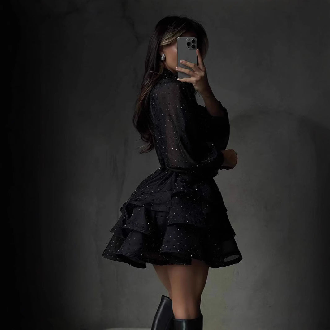 Women Transparent Ruffle Mini Dress with Shirt Collar, Balloon Sleeves and Waist Belt EVA-US