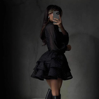 Women Transparent Ruffle Mini Dress with Shirt Collar, Balloon Sleeves and Waist Belt EVA-US