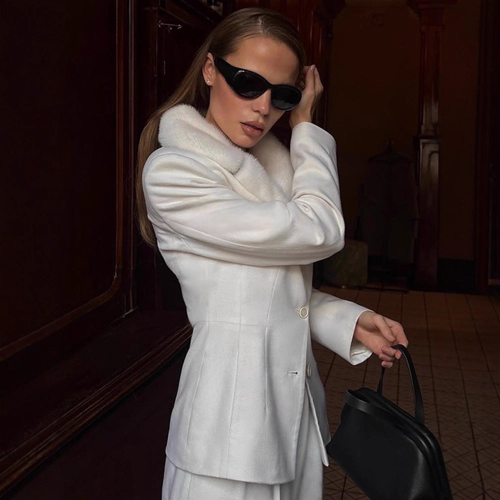 Women's Tailored Blazer with Faux Fur Shawl Collar & Wide Pleated Trousers EVA-US