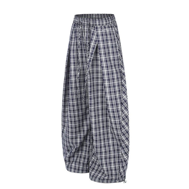 Women Wide Harem Balloon Pants with Elastic Waistband, Drawstring and Check Pattern EVA-US