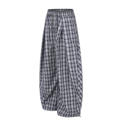 Women Wide Harem Balloon Pants with Elastic Waistband, Drawstring and Check Pattern EVA-US