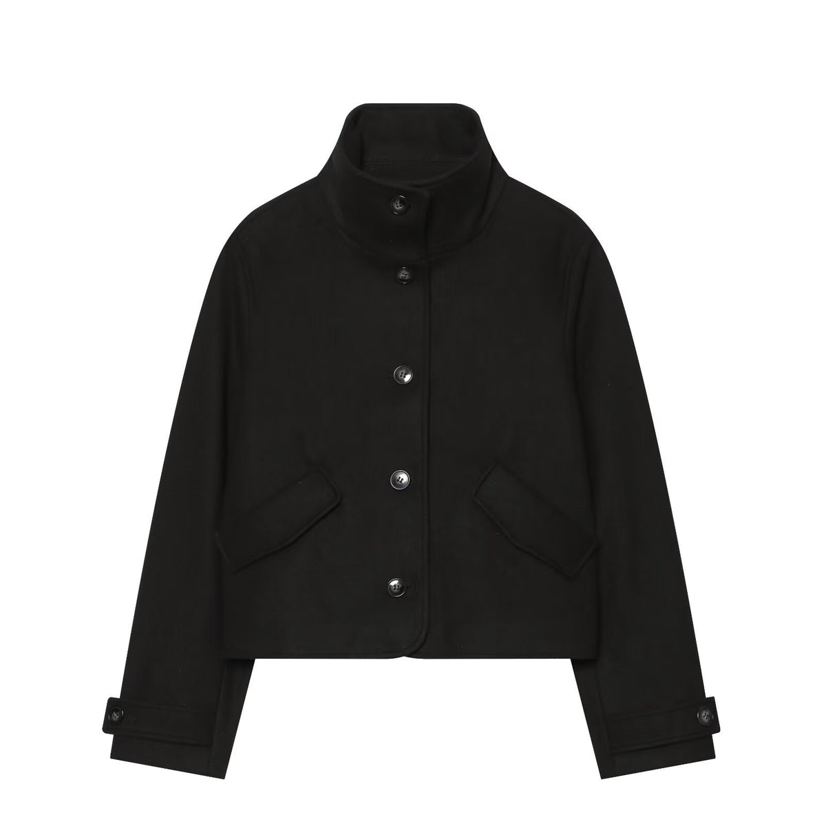 Women Cropped Boxy Jacket with High Stand-Up Collar, Button Placket and Flap Pockets