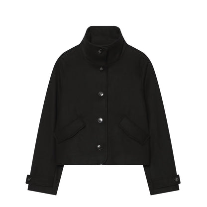 Women Cropped Boxy Jacket with High Stand-Up Collar, Button Placket and Flap Pockets