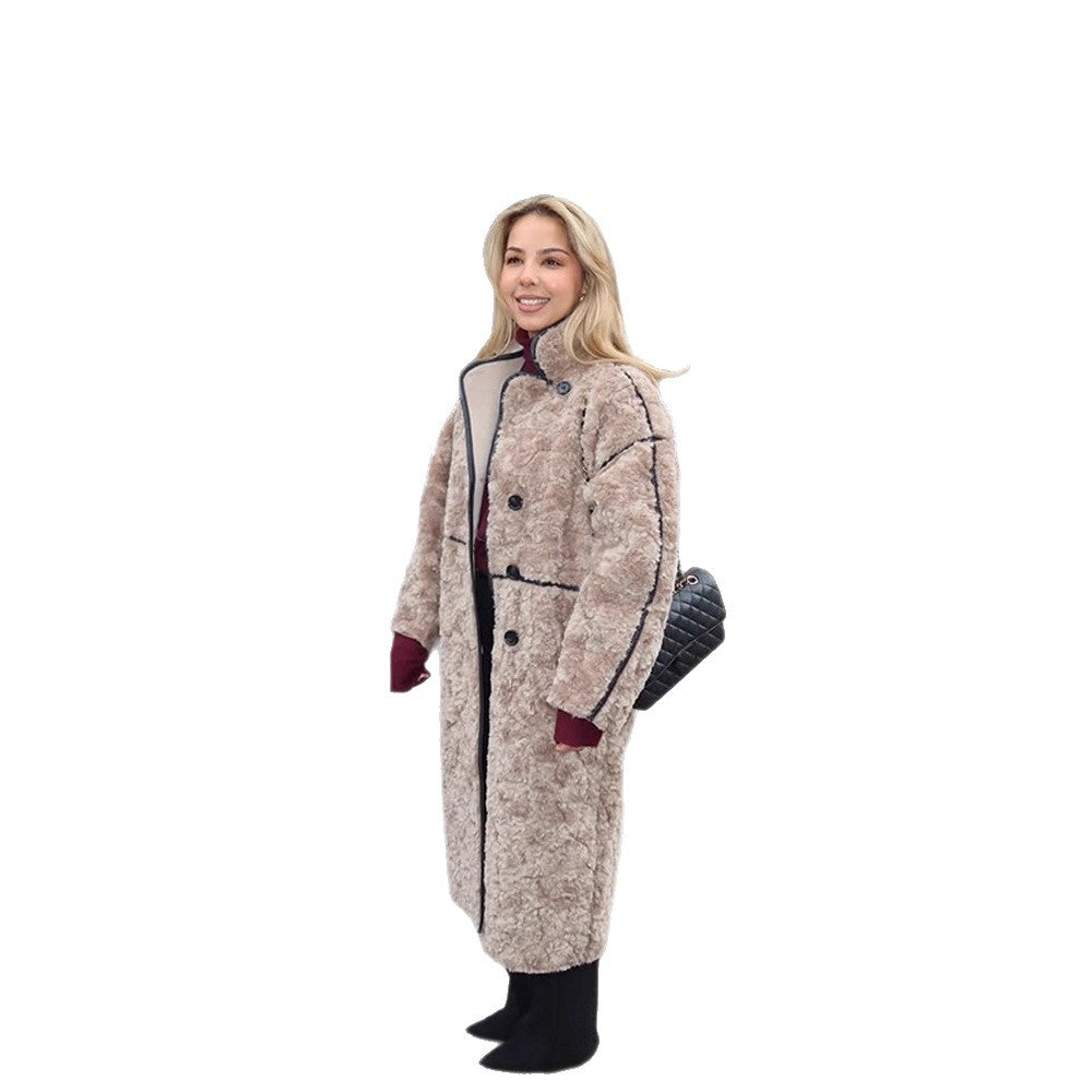 Women's Long Teddy Coat with Contrast Seams, Stand Collar and Button Placket EVA-US