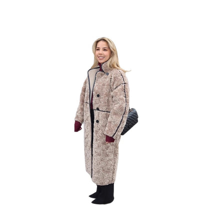 Women's Long Teddy Coat with Contrast Seams, Stand Collar and Button Placket EVA-US