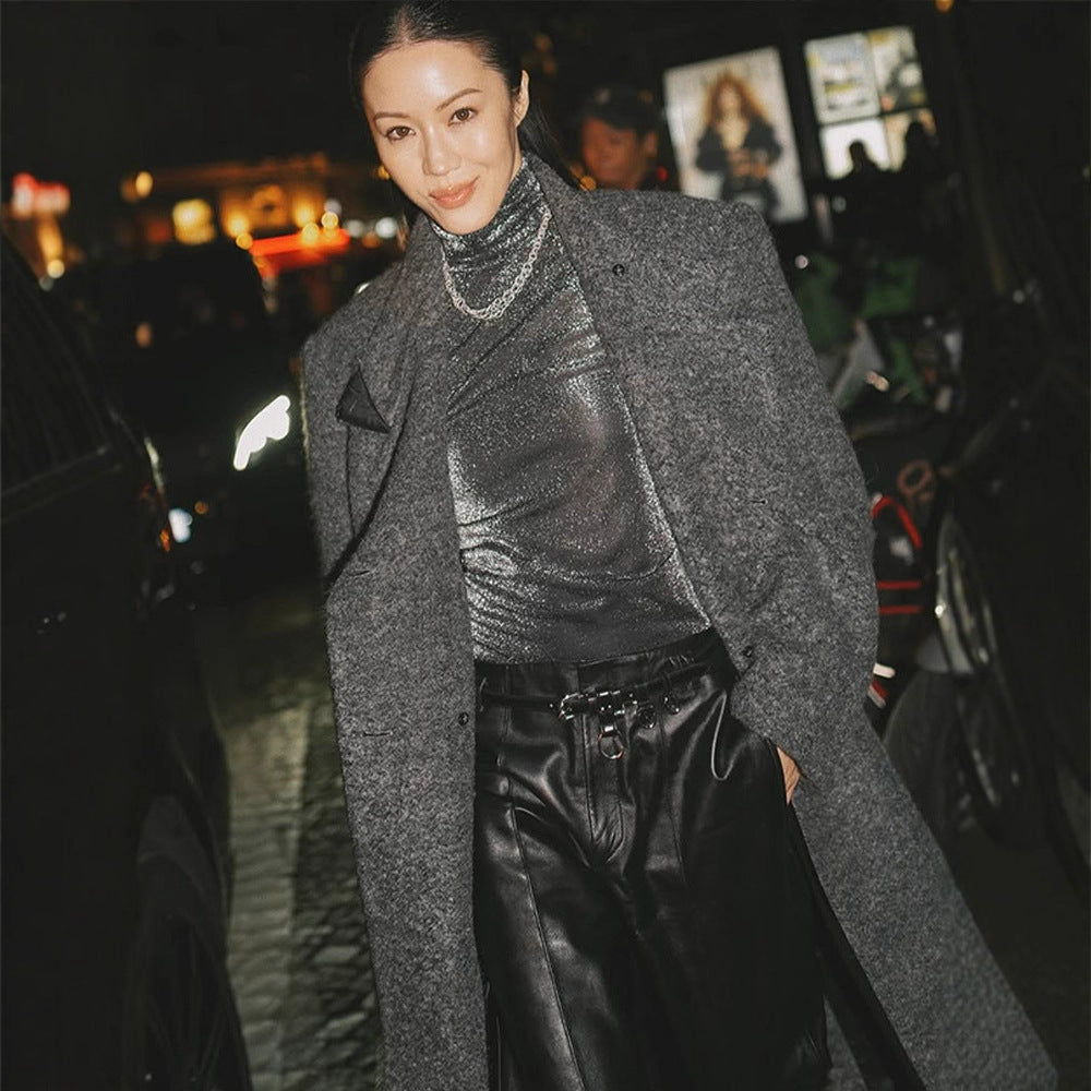 Women Maxi Long Oversize Wool Blend Coat Double Breasted with Boxy Silhouette and Patch Pockets